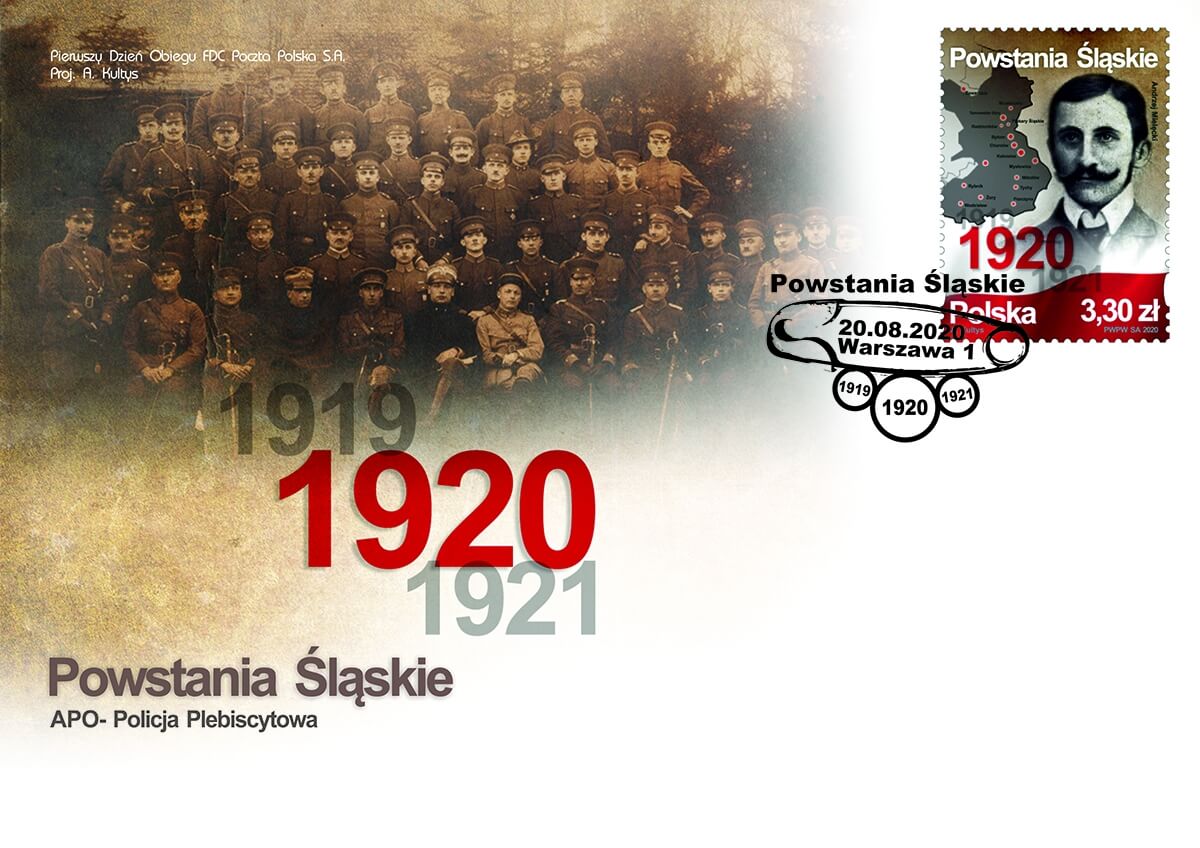 Projekt znaczka i koperty z okazji 100lecia Powstań Śląskich autorstwa Adama Kultysa